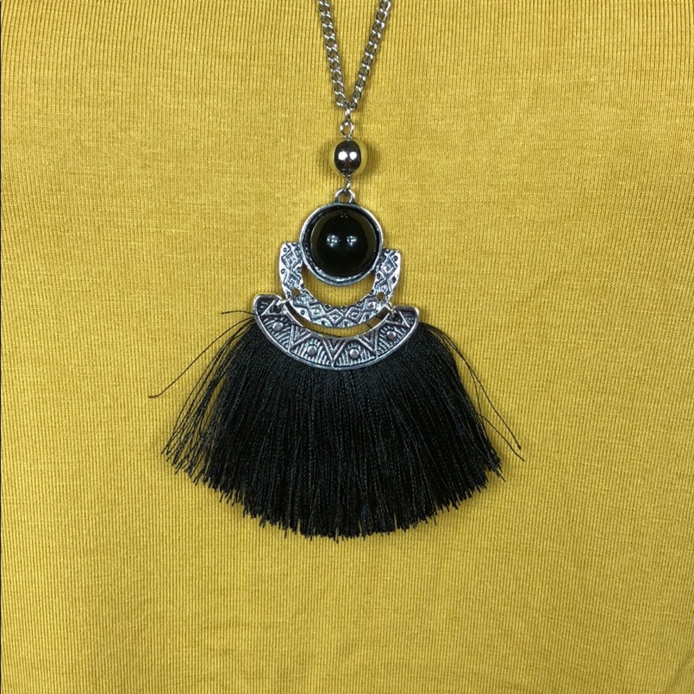 Black Tassel Necklace!  Silver Tone chain.  New!